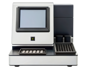 Laboratory analysis machine with a screen and sample trays on a transparent background