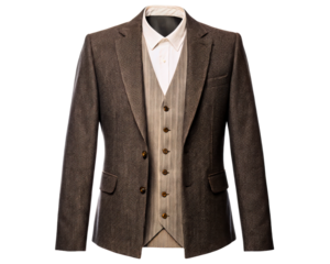 Brown tweed suit jacket with matching waistcoat on a transparent background