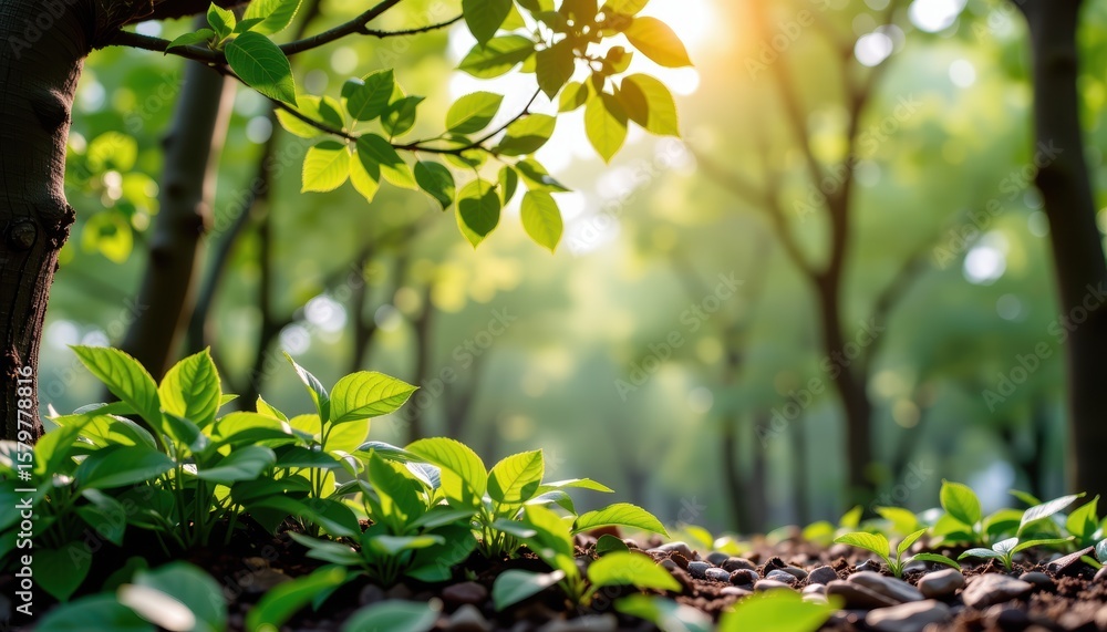 Poster lush foliage with sunlight filtering through trees in a serene environment.