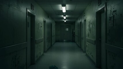 Abandoned hospital corridor with peeling walls and a surgical mask on the floor. Dark, creepy, and atmospheric horror scene. - Powered by Adobe
