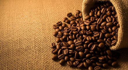 Brown Roasted Coffee Beans Spilling from Burlap Sack on Burlap Background Rich Dark Brown Tones...
