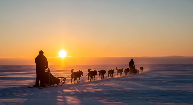 Silhouetted dog sled team traverses snowy landscape at sunset, driven by two figures.