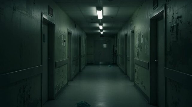 Abandoned hospital corridor with peeling walls and a surgical mask on the floor. Dark, creepy, and atmospheric horror scene.