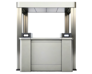 Modern stainless steel ticket booth with electronic scanners on a transparent background