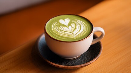 Matcha Latte with Heart Design on Wooden Table