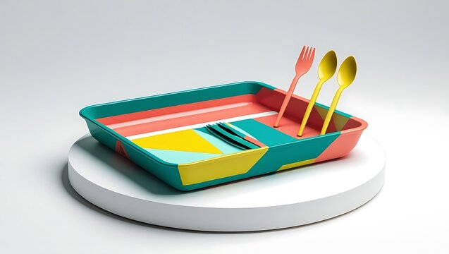 Modern abstract geometric serving tray with colorful utensils on pedestal - Powered by Adobe
