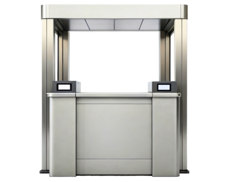 Modern stainless steel ticket booth with electronic scanners on a transparent background