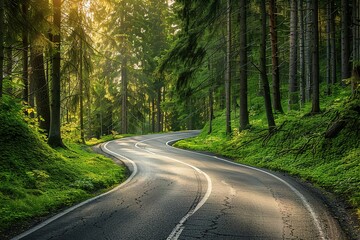 Winding road through a vibrant green forest with sunlight filtering through the trees