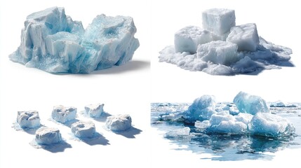 Composite image showing various forms of frozen water; an iceberg, cubes, and floating chunks on a surface