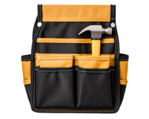 Professional yellow and black tool belt holding a hammer on a transparent background