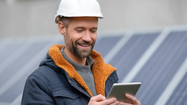 Engineer Inspecting Solar Panels: A smiling engineer in a hard hat uses a tablet to inspect rows of solar panels. The image evokes professionalism, efficiency, and renewable energy. 