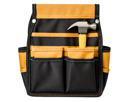 Professional yellow and black tool belt holding a hammer on a transparent background