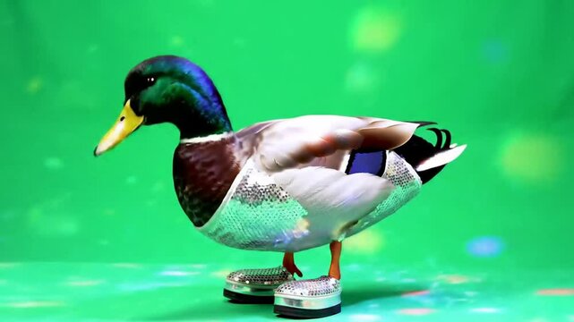 A mallard duck dance wearing shoes on a vibrant green background.