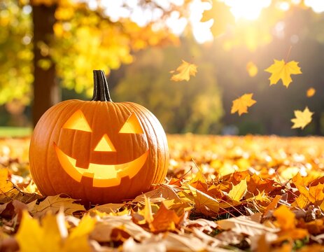 Jack-o'-lantern in autumn leaves