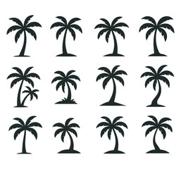 Set of 12 tropical palm tree silhouettes in various styles, ideal for beach designs, summer themes, travel graphics, and tropical vacation illustrations.