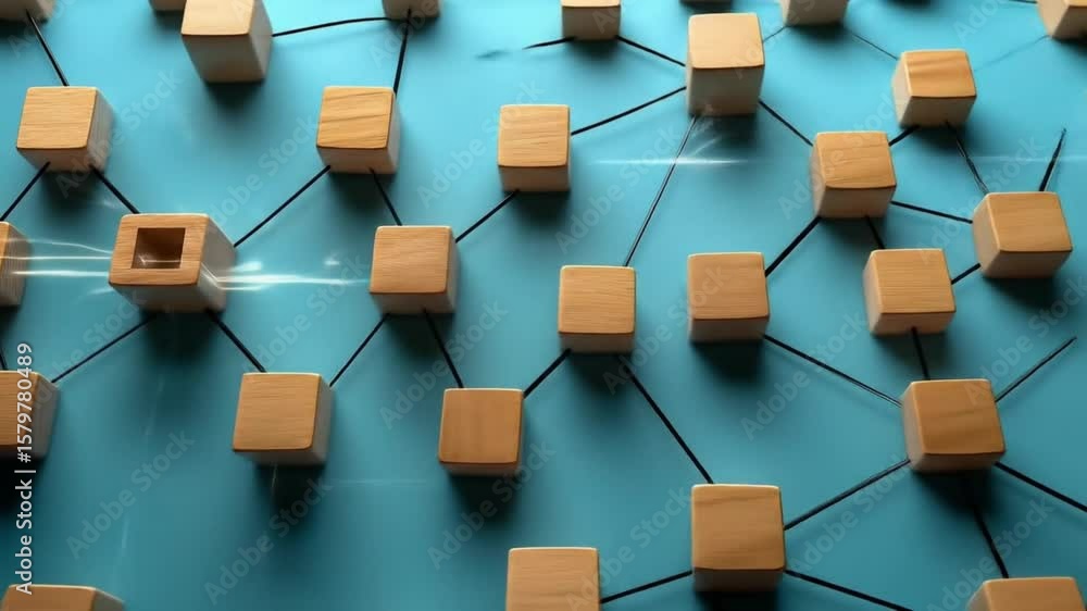 Poster wooden blocks interconnected, forming a complex network on a blue background. a single block stands 
