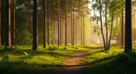 Sunlit Forest Path Winding Through Tall Pine and Birch Trees Lush Green Grass Sunlight Rays trail pine trees