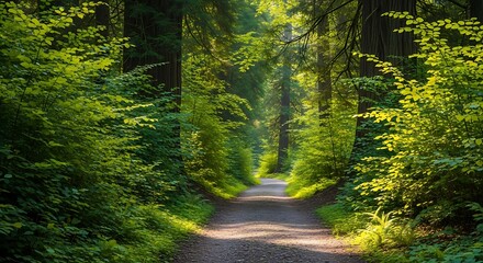 Fototapeta premium Sunlit Path Winding Through Lush Green Forest Tall Trees Vibrant Foliage Tranquil Nature Scene forest path