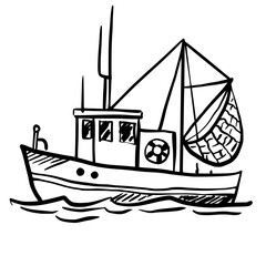 Fishing Boat Hand drawn line art sketch doodle fisherman aesthetic coastal nautical illustration 