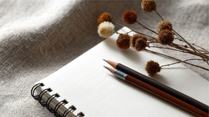 Spiral sketchbook two pencils dried flowers on linen fabric drawing art supplies