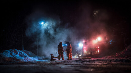 Obraz premium Hazmat Crew on Railway at Night