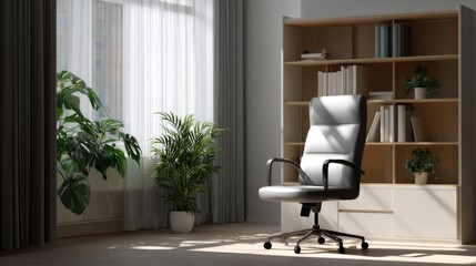 Modern home office interior grey office chair bookshelf plants and window