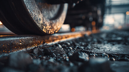 Close-up of rusty train wheel on railway track