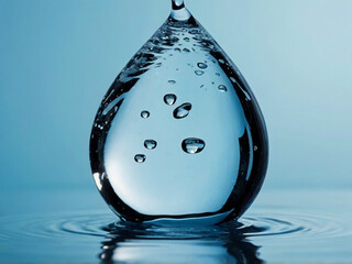 Water drop on a simple solid light blue background