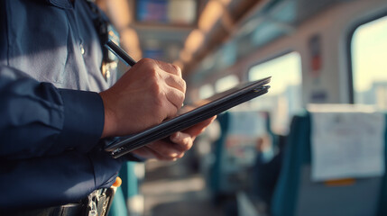 Railway inspector filling report during journey