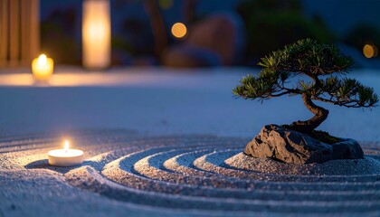 A minimalist Japanese zen garden under moonlight, raked sand, bonsai tree, soft candle glow