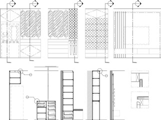 2D Interior Design Drawing with Elevation, Section and Detail – Cabinet, Refrigerator Panel, Glass Partition, TV Unit – Vector Blueprint
