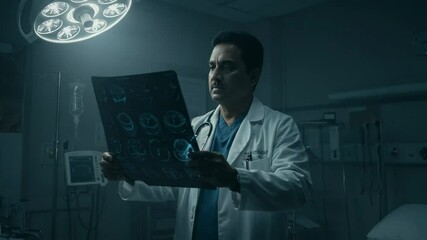 Serious middle-aged South Asian doctor analyzing a brain scan in a dark hospital room. Neurosurgeon examining an MRI under a surgical light. - Powered by Adobe