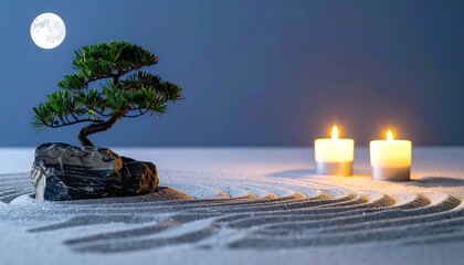 A minimalist Japanese zen garden under moonlight, raked sand, bonsai tree, soft candle glow
