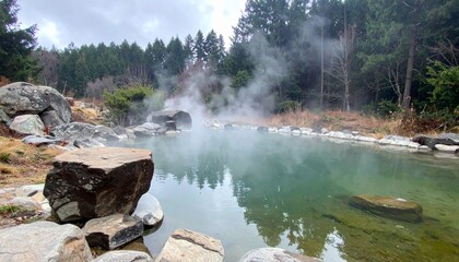 A natural hot spring surrounded by stones and forest, with gentle steam rising in the cool morning air"