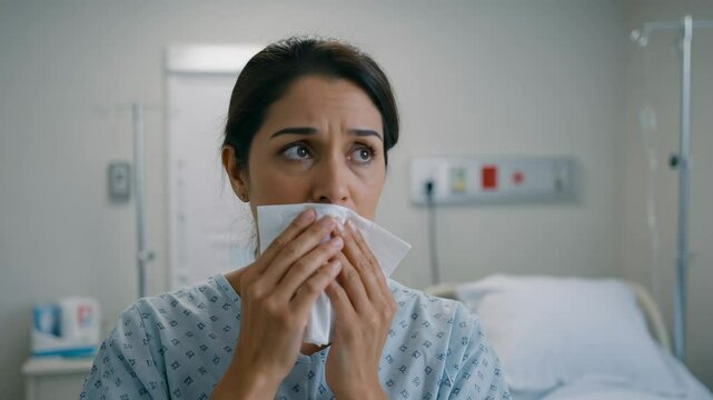 Upset female patient in a hospital gown crying into a tissue. Worried woman sitting in a medical clinic room feeling sick or sad.