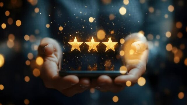 Five-star rating displayed on a smartphone held by a person. Golden stars shine brightly, symbolizing customer satisfaction and high-quality service.