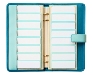 Open ring binder organizer with blank index cards on a transparent background