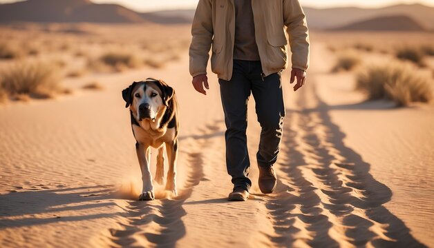 Man and his large dog walk a sandy desert path at sunset.