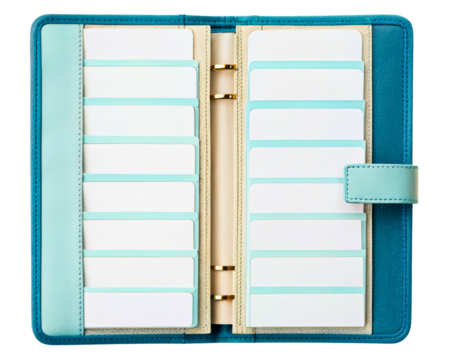 Open ring binder organizer with blank index cards on a transparent background