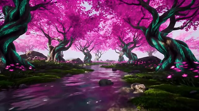 Pink Cherry Blossom Trees Flanking a Stream in a Lush Mossy Landscape with Soft Lighting