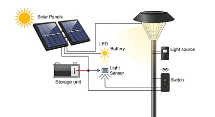 Solar Power Schematic Diagram: a detailed diagram illustrating the components and functionality of a solar-powered light system, showcasing the harnessing of solar energy for sustainable illumination.