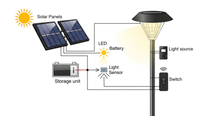 Solar Power Schematic Diagram: a detailed diagram illustrating the components and functionality of a solar-powered light system, showcasing the harnessing of solar energy for sustainable illumination.