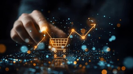 An illustrative hand interacting with a digital shopping cart and a rising growth graph, symbolizing e-commerce and online retail expansion.