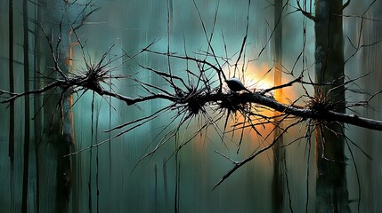 Solitary Bird on Spiny Branch Against Dawn Hues: A Study in Contrasts and Textural Depth