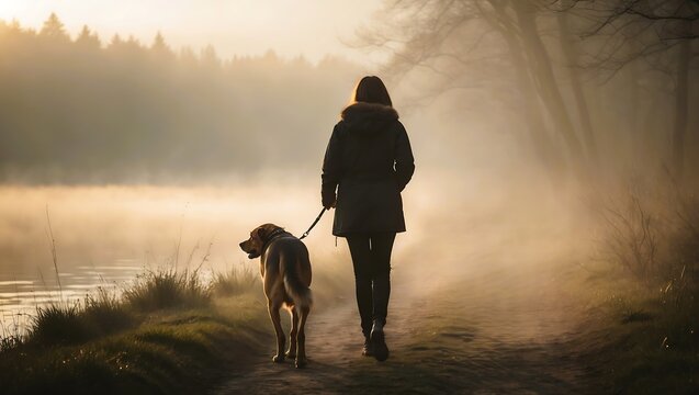 A woman and her dog walking along a misty path in a tranquil forest at sunrise.