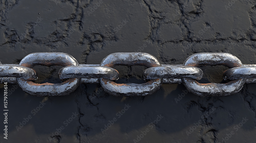 Poster a chain is shown in a black and grey background. the chain is old and rusty, and it is a chain link 