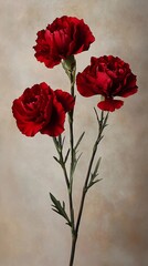 Three Vibrant Red Carnation Blooms Against a Textured Neutral Background