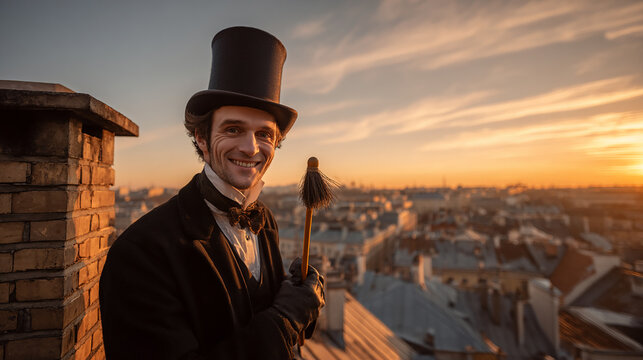Traditional Chimney Sweep Over City Skyline