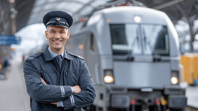 Smiling Railway Worker Beside grey Train