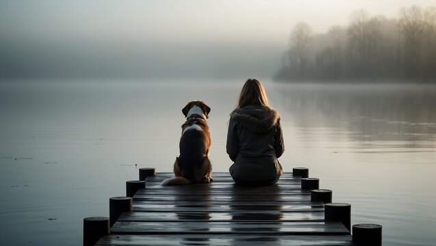 A person and dog sit together on a wooden dock, facing serene lake.